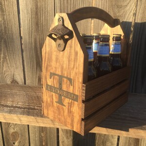 Personalized beer carrier for Groomsman wedding gift Initial with name below included bottle opener and individual compartments stenciled