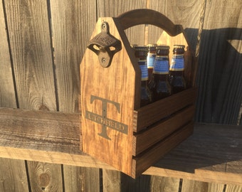 Personalized Rustic Wood Beer Bottle Carrier: Groomsman Gift with Opener