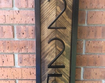 Vertical Address Sign: Black Metal Numbers on Chevron Walnut Wood