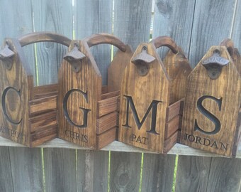 4 Personalized Engraved Rustic 6-pack beer bottle carrier 12 oz  wood homebrew tote new wedding groomsman birthday fathers valentinesday