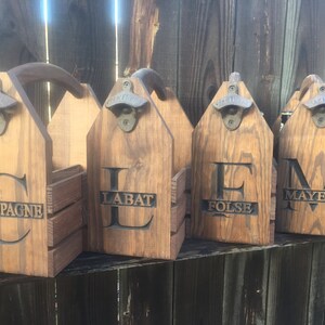 Groomsmen wedding gift Four (4) Personalized Engraved Rustic 6-pack beer bottle carrier 12 oz  wood homebrew tote new birthday Father&#39;s Day