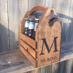 Personalized beer carrier for weddings birthdays and gifts stenciled name and initial with bottle opener and permanent compartments
