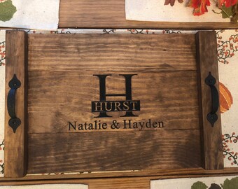Engraved serving tray with names and initial of couple great for Wedding gift or housewarming engraved platter rustic tray