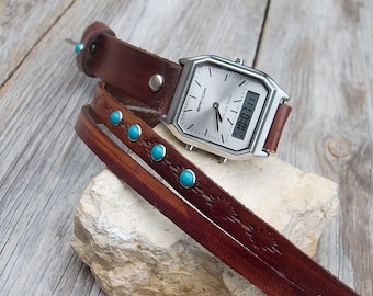 Women's southwestern style watch, Dual display Leather watch, Women watch bracelet with turquoise rivets, Bohemian watch