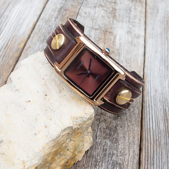 Leather cuff watch womens cheap