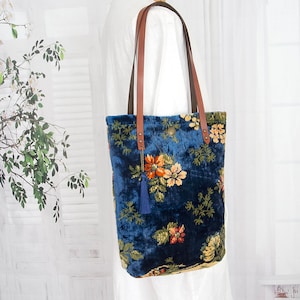 Blue floral velvet carpet tote bag,  Flower pattern silk carpet bag,  Soft and velvety  carpet shoulder bag,