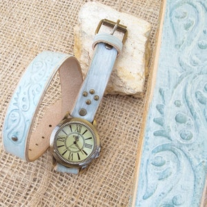 Leather cuff watch, Women wrist watch, Hippie watch, Wrap around watch, Mediterranean style wrist watch