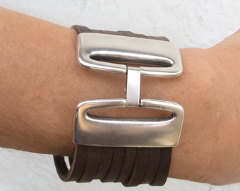 Women's leather cuff bracelet with matt silver large clasp, Design leather cuff bracelet