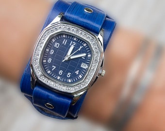 Dark blue watch , Handcrafted leather watch for women with calendar, Bohemian,