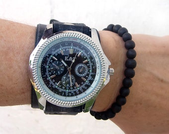 Women watches, Leather cuff watch, Black distressed wrist watch, Distressed leather cuff watch