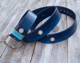 Night blue leather belt, Women's boho leather belt, Magic blue, Handmade