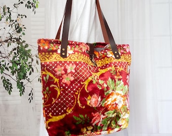 Floral pattern silk Mokett  carpet bag, Large rug tote bag,  Carpet shoulder bag, Everyday carpet bag, Rug Travel tote bag, Gipsy carpet bag