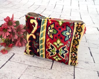 Velvet Carpet Cosmetic Bag, Floral  Carpet zip pouch, Carpet Coin Purse, Everyday carpet pouch, Travel pouch, Floral carpet Toiletry bag