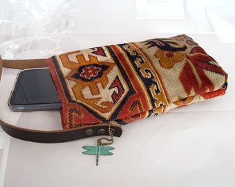 Silk Carpet smartphone bag, Velvet Rug mobile bag, Passport bag, Boho small  Travel bag