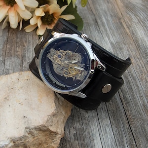 Black leather watch, Leather cuff watch for men, Double Skeleton wrist watch, Black wrist watch