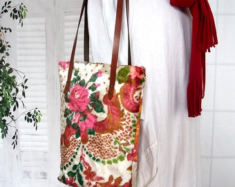 Carpet tote bag, Roses silk carpet bag, Gypsy style carpet shoulder bag, Hippie roses velvet carpet bag,