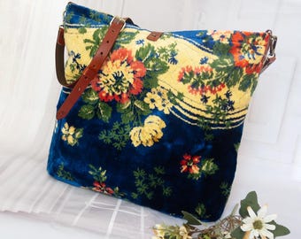 Floral velvet carpet crossbody bag, Blue Flower pattern shoulder carpet bag, Soft and velvety carpet shoulder bag,