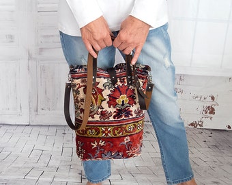 Persian pattern carpet bag, Vintage velvet carpet handbag,  Persian flower carpet crossbody bag