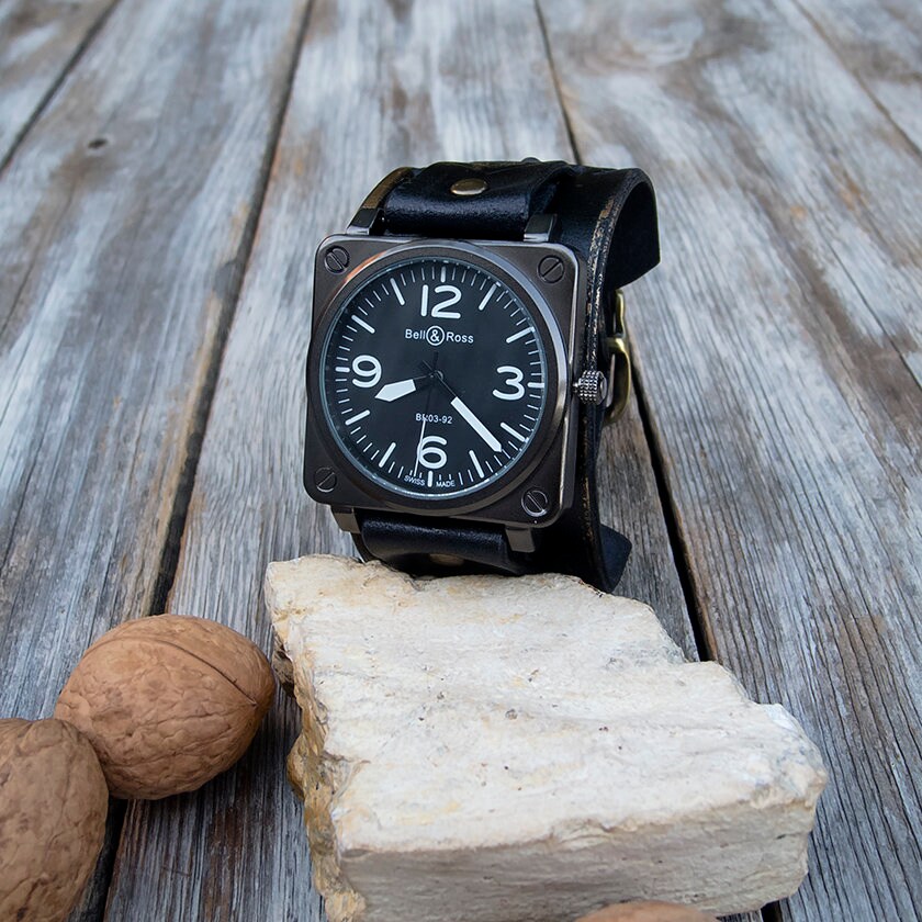 Leather Watch Mens Leather Cuff Watch Military Sport Black Etsy Canada