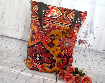 Kilim style carpet tote bag, Vintage velvet carpet crossbody bag, Exotic soft and velvety shoulder bag