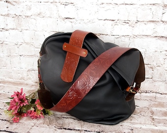 Oversized Leather crossbody bag, Black cowhide Crossbody Bag,  Weekender, EveryDay Bag, Travel Bag, Campus Bag, Unisex bag, Bohemian