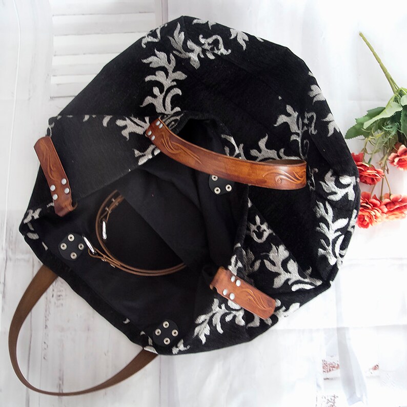 Black French tapestry bag, Large French floral tote bag, Tapestry soulder bag, Floral gobelin weekender bag image 6