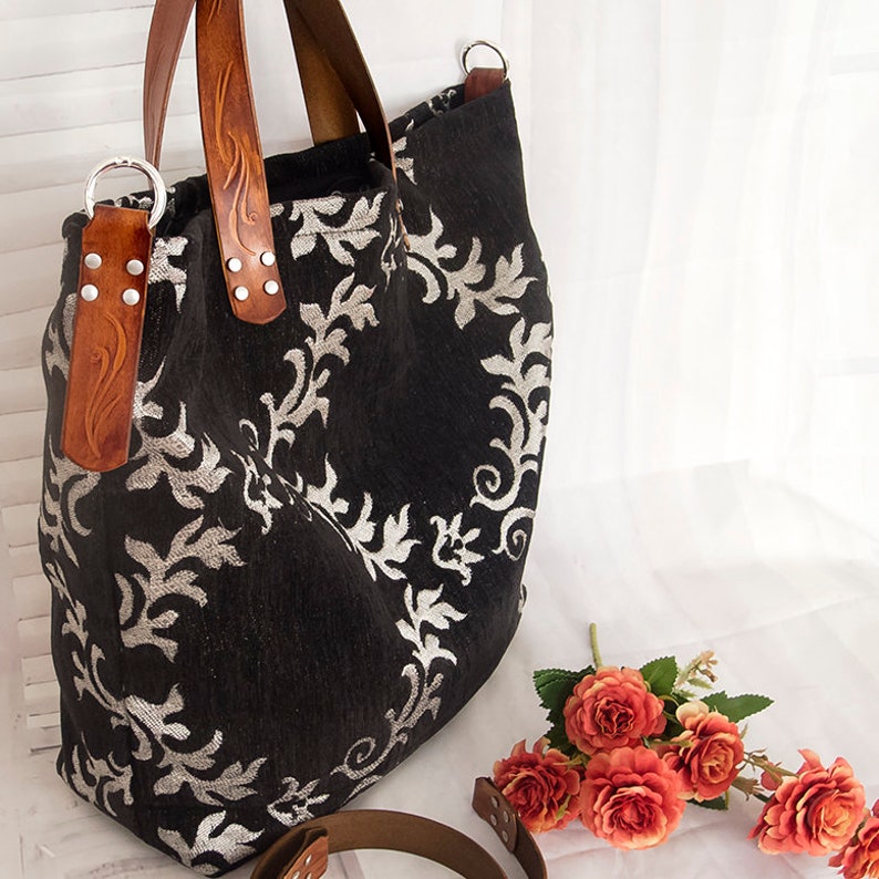 Black French tapestry bag, Large French floral tote bag, Tapestry soulder bag, Floral gobelin weekender bag image 8