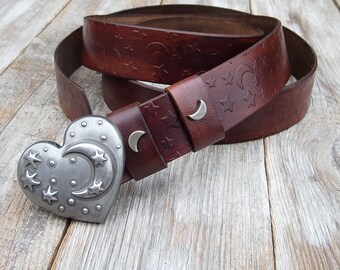 Leather belt, Dark brown belt, Women's moon belt, Bohemian cow belt, Embossed, hand dyed, Heart shape moon buckle