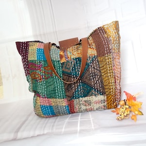 Große Kantha Umhängetasche, große Patchwork Kantha Einkaufstasche, großer Shopper, Weekender, Reise, Boho indische Kanthatasche