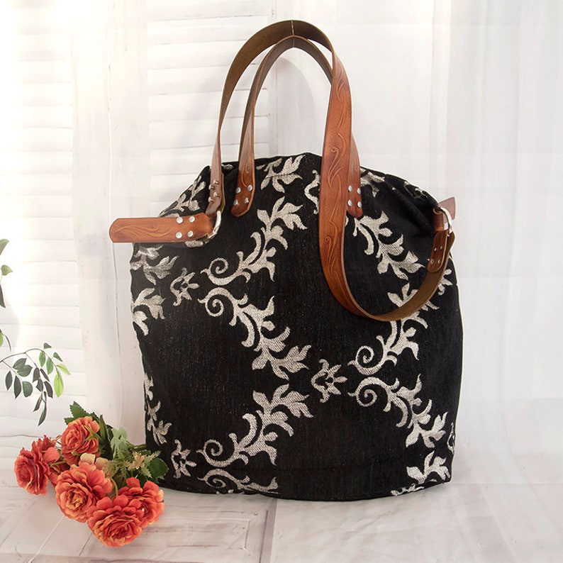 Black French tapestry bag, Large French floral tote bag, Tapestry soulder bag, Floral gobelin weekender bag image 1