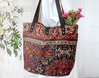 Large persian carpet tote, Vintage carpet shoulder bag, Silk hippie carpet bag, Shopper,  Weekender, Travel rug bag