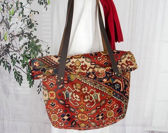 Persian Carpet tote bag, SILK MOKETT shoulder bag, Everyday tote rug bag, Weekender,  Boho Chic carpet bag