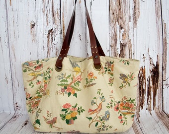Vintage canvas tote bag, Flower and bird canvas shoulder bag, Beach bag, Weekender,