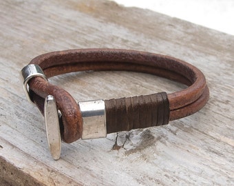 Leather bracelet for men, Rustic brown natural, Hook clasp bracelet, Mens boho bracelet