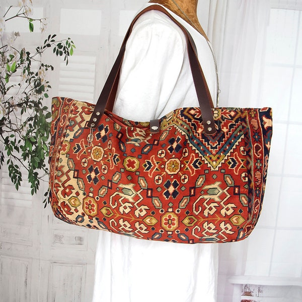 Large Persian Carpet tote bag, SILK MOKETT shoulder bag, Everyday tote rug bag, Large Shopper, Weekender, Travel, Boho Chic carpet bag