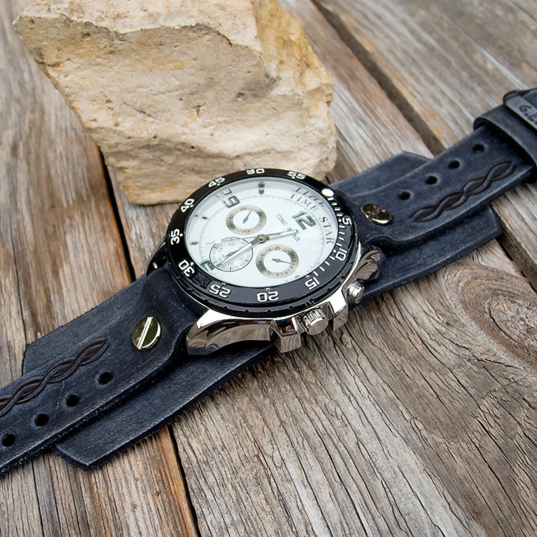 Black Leather Cuff Watch Men's Wrist Watch Black Leather Etsy