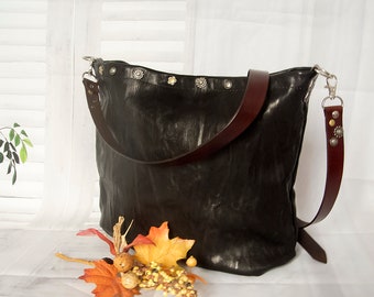 Dark brown goat leather crossbody bag, Women's Crumpled genuine leather bag