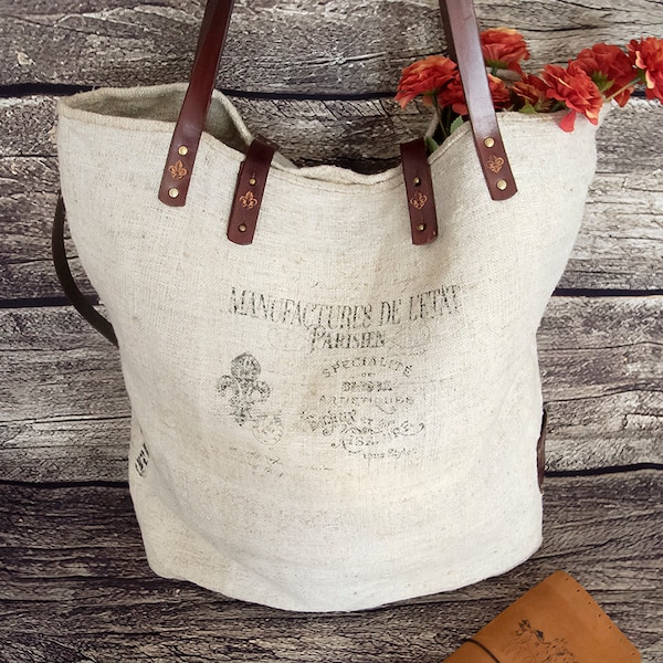 Large grainsack tote bag, Printed Large Antique Grain Sack Tote, Carried by hand or carried on the shoulder, Everyday bag, Travel tote