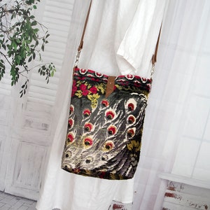 Peacock feather pattern crossbody carpet bag, Velvet crossbody carpet bag