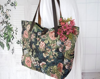 Vintage rose large tapestry tote bag, Tapestry shoulder bag, Beach bag, Floral gobelin tote bag, Gypsy shopper  bag, Weekender, Travel bag