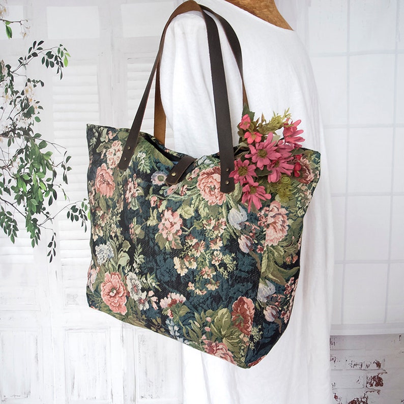 Vintage rose large tapestry tote bag, Tapestry shoulder bag, Beach bag, Floral gobelin tote bag, Gypsy shopper bag, Weekender, Travel bag image 1