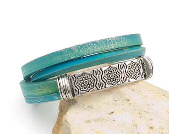 Hand dyed leather bracelet, Leather bracelet with antique silver center spacer, Women&#39;s multi strap leather bracelet