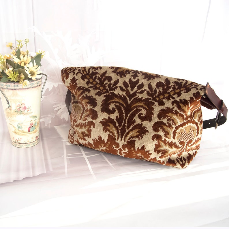 Baroque pattern carpet bag, Shoulder silk carpet bag, Brown floral crossbody carpet bag image 3