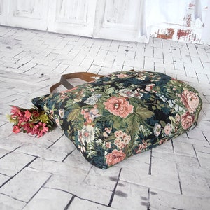 Vintage rose large tapestry tote bag, Tapestry shoulder bag, Beach bag, Floral gobelin tote bag, Gypsy shopper bag, Weekender, Travel bag image 6