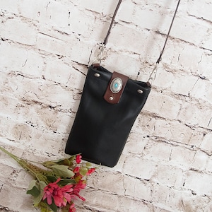 Leather phone bag, Black cowhide mobil bag, Passport bag, Everyday leather bag, Travel cow bag