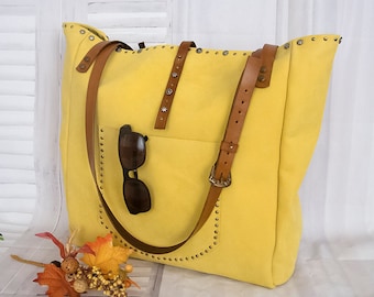 Exotic Leather Tote Bag, Oversized cow bag, Summer Beach Handbag, Travel Shoulder Bag, Yellow Leather Purse