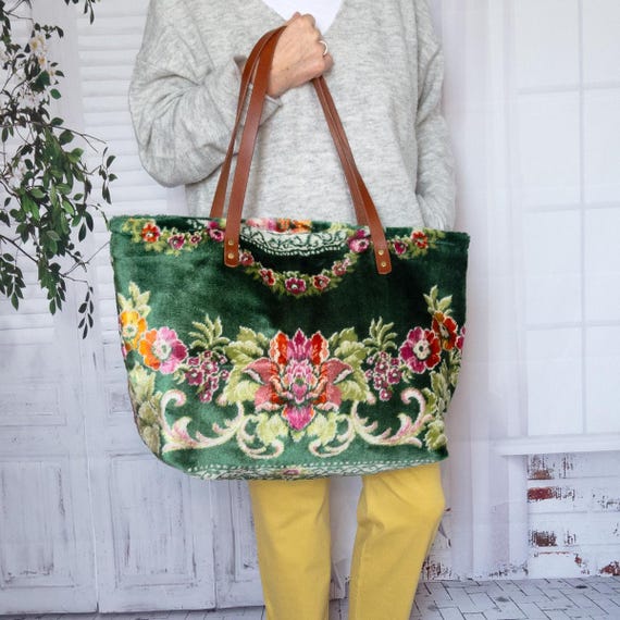 Extra large tote bag, Gypsy flower carpet bag, Oversize hippie velvet carpet bag