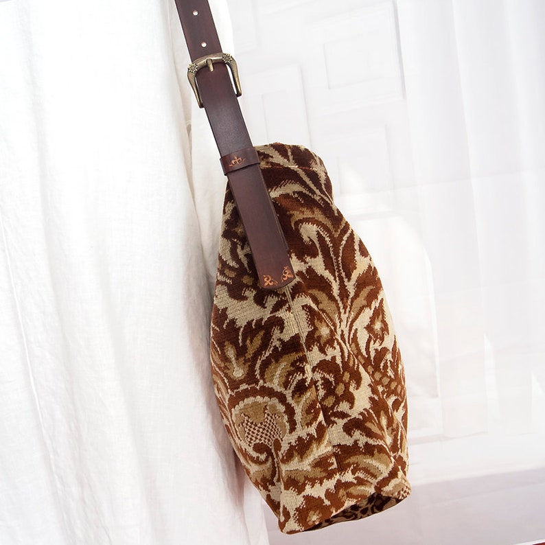 Baroque pattern carpet bag, Shoulder silk carpet bag, Brown floral crossbody carpet bag image 5