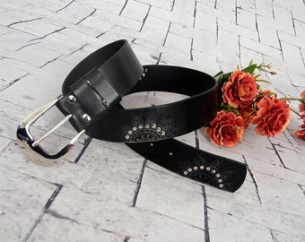 Women's black leather Mandala belt, Riveted mandala belt, Boho, Hippie leather mandala belt