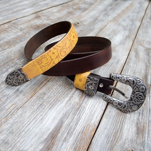 Ceinture Femme En Cuir Véritable Noir Et Marron - Style Western Avec Strass Citron Et Conchos - Taille S/M (34-35 Pouces)